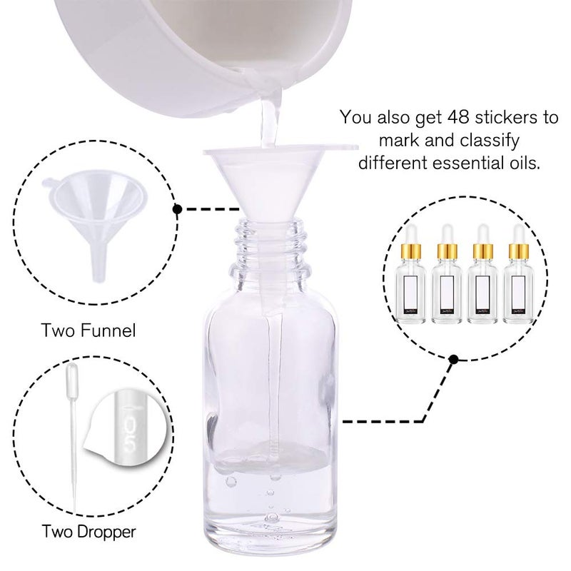 PrettyCare Glass Eye Dropper Bottles 24 Pack, 1oz (30ml) Clear Empty Thick Bottles Bulk with Leakproof Golden Caps - With Labels & Funnels for Storage, Travel, Essential Oils, Cuticle Oils, Tinctures - Image 5